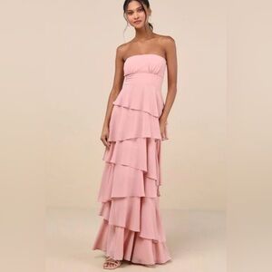 Lulu's Pink Gorgeous Blush Strapless Tiered Maxi Dress Size Medium